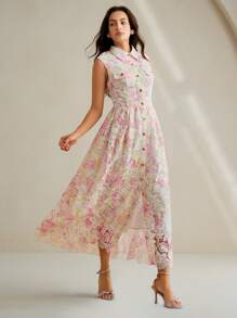 Anewsta 优雅水溶性蕾丝花边印花翻领经典单排扣束腰无袖连衣裙，适合春夏季女士 - 彩色 - 查看 4