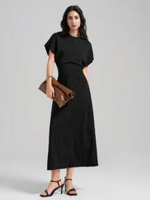 Ontre Women's Four Seasons Black Waist Urban Simple Dress, Elegant Bat Sleeve Long Dress, Teacher Dress - Black - View 5