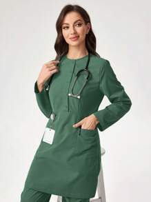 TaskEZ Solid Color Pocket Designed Long Sleeve Top And Long Pants Nursing Scrub Uniform Set, Women Scrub Sets, Nursing Scrubs, Women Workwear Scrubs - Army Green - View 3