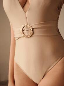 Anewsta 精致优雅成熟高端V领棕色和银线露背连体泳衣，25SS系列 - 棕色 - 查看 5