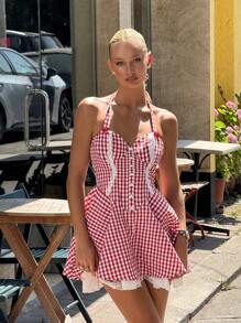 SHEIN ICON 女士夏季撞色蕾丝纽扣领格子连衣裙，适合7月4日美国独立日和返校季穿着 - 紅色 - 查看 4