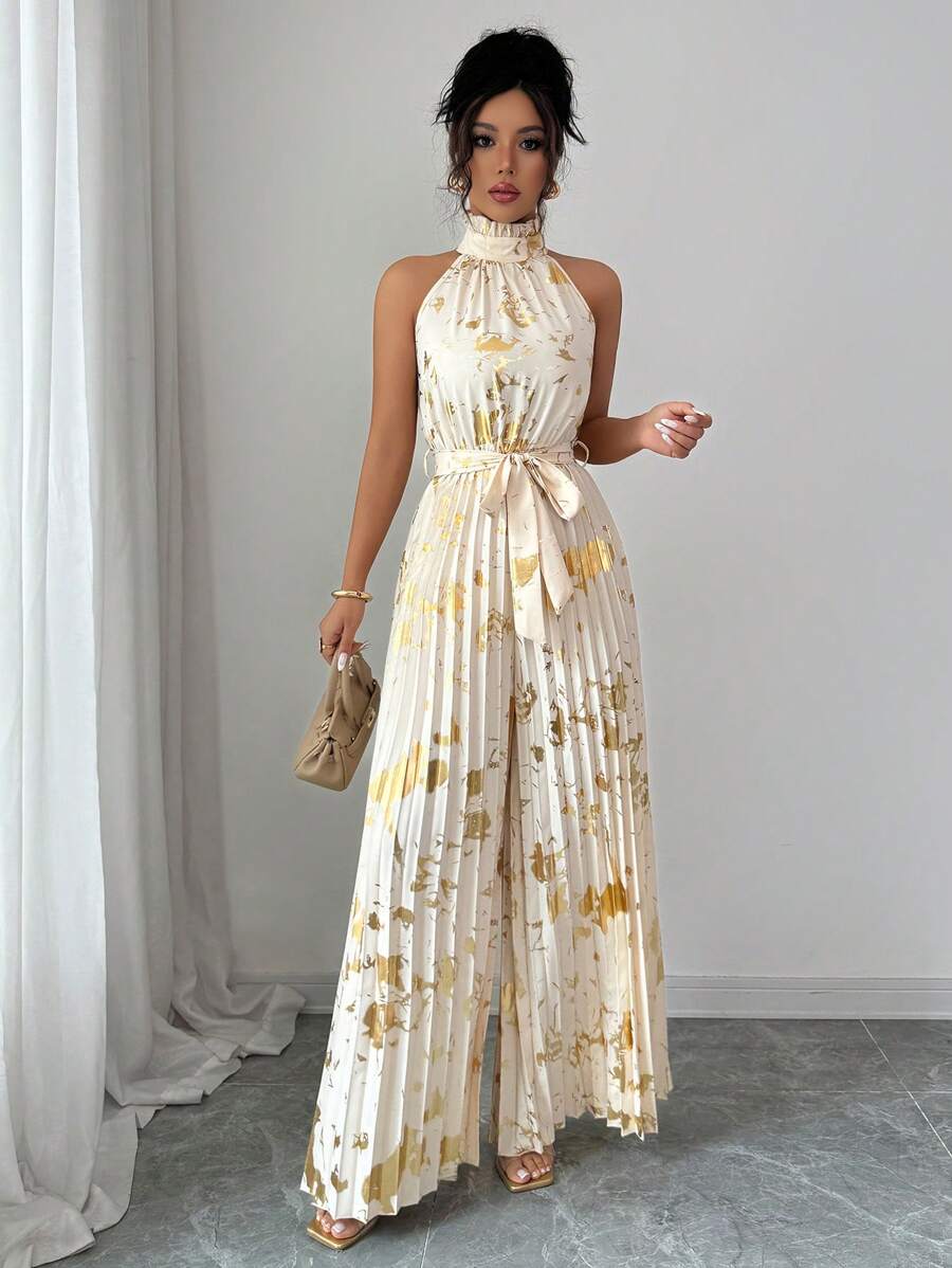 Elenzga Mono de pierna ancha elegante y romántico con cuello de volantes sin mangas para mujer, ideal para Halloween