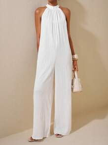 Zivah 新款春夏休闲度假日常通勤挂脖圆领无袖超宽松阔腿加长裤白色女连体裤 - 白色 - 查看 6