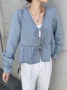 FRIFUL 女士浅蓝色系带蝴蝶结袖口休闲百搭牛仔上衣，适合机场/度假穿着，长袖 - 淺色水洗藍 - 查看 7