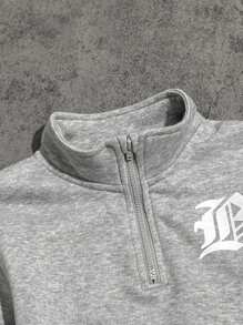 秋季年轻男孩字母印花长袖休闲运动衫和裤子宽松套装 - 灰色 - 查看 3