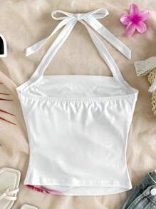 女童花卉印花挂脖蝴蝶结后背休闲吊带背心 - 白色 - 查看 2