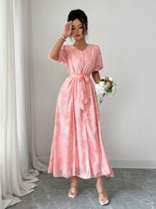 Modelyn Women's Woven Cut-Out Fabric Short Sleeve Tie Waist Design French Style Dress - Pink - View 4