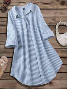 SHEIN LUNE 加大码蓝白条纹及膝秋季连衣裙，带开领衬衫，淡蓝色连衣裙，女士有袖连衣裙，蓝色返校节连衣裙，舒适棉质商务休闲女式工作服商务连衣裙 - 淺藍色 - 查看 1