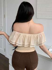 DAZY 修身女式不对称荷叶边下摆露肩T恤拼接面料夏季短款上衣女式外出上衣 - 橘色 - 查看 2