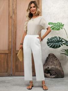 EMERY ROSE Pantaloni casual da donna di colore unito a vita stretta, pantaloni estivi da donna bianchi con tasche - Bianco - Visualizzare 7
