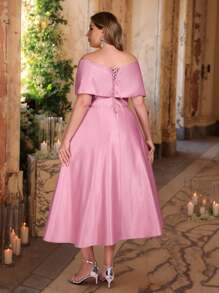 SHEIN Belle 加大码春夏优雅浪漫华丽莲花粉色单肩不对称莲花袖褶皱奢华腰部亮片贴花设计 A 字下摆适合晚餐单身派对约会节日舞蹈音乐节婚礼活动舞会礼服复古礼服 - 藕粉色 - 查看 4