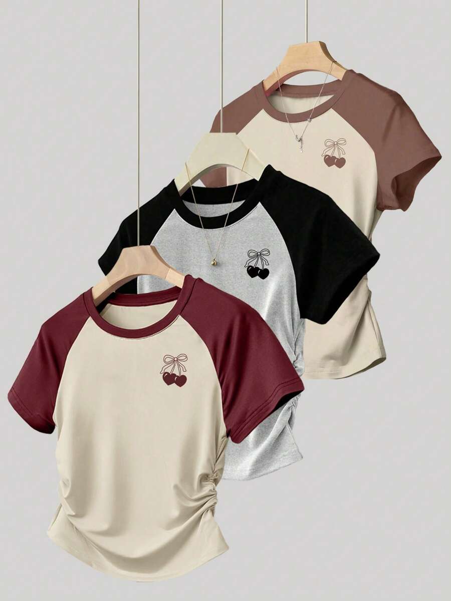 INAWLY Áo thun nữ tay ngắn raglan, họa tiết hoa anh đào ngọt ngào, mùa hè - Nhiều màu - Xem 1