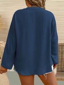 EMERY ROSE Plus Size Women Woven Solid Texture Deep V-Neck Drop Shoulder Long Sleeve Arc Hem Casual Loose Blouse, Spring/Summer Fall Cloth For Women - Navy Blue - View 2