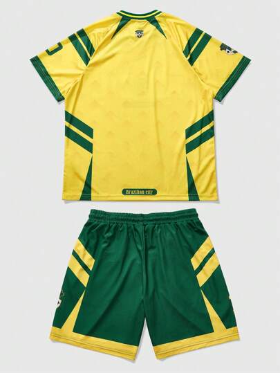 Street Life Conjunto de camiseta con estampado de fútbol de Brasil y logotipo "BRAZIL" en inglés para hombres, estilo deportivo y urbano americano de manga corta