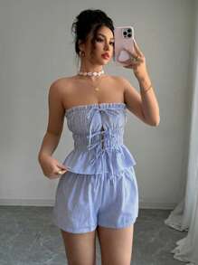 Selianne 2pcs Summer Vacation Set: Strapless Tie Front Blue Striped Ruffle Hem Crop Top + Elastic Waist Shorts - Navy Blue - View 7