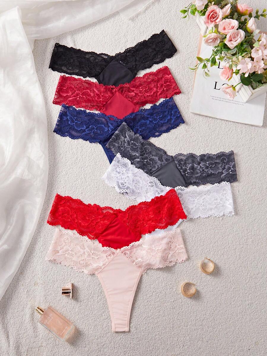 SHEIN 7条女士法式蕾丝拼布丁字裤