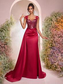 Glamrae Elegant Sequins Embroidered Contrast Satin Handmade 3D Embroidery Shoulder Strap Sheer Design Fishtail Formal Evening Gown For Women