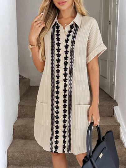 Easowa Boho Summer Beach Vacation Embroidered Patch Loose Shirts Dress Vacation Dress Rave Outfits Bohemia Tea Party Dress Summer Dresses For Women