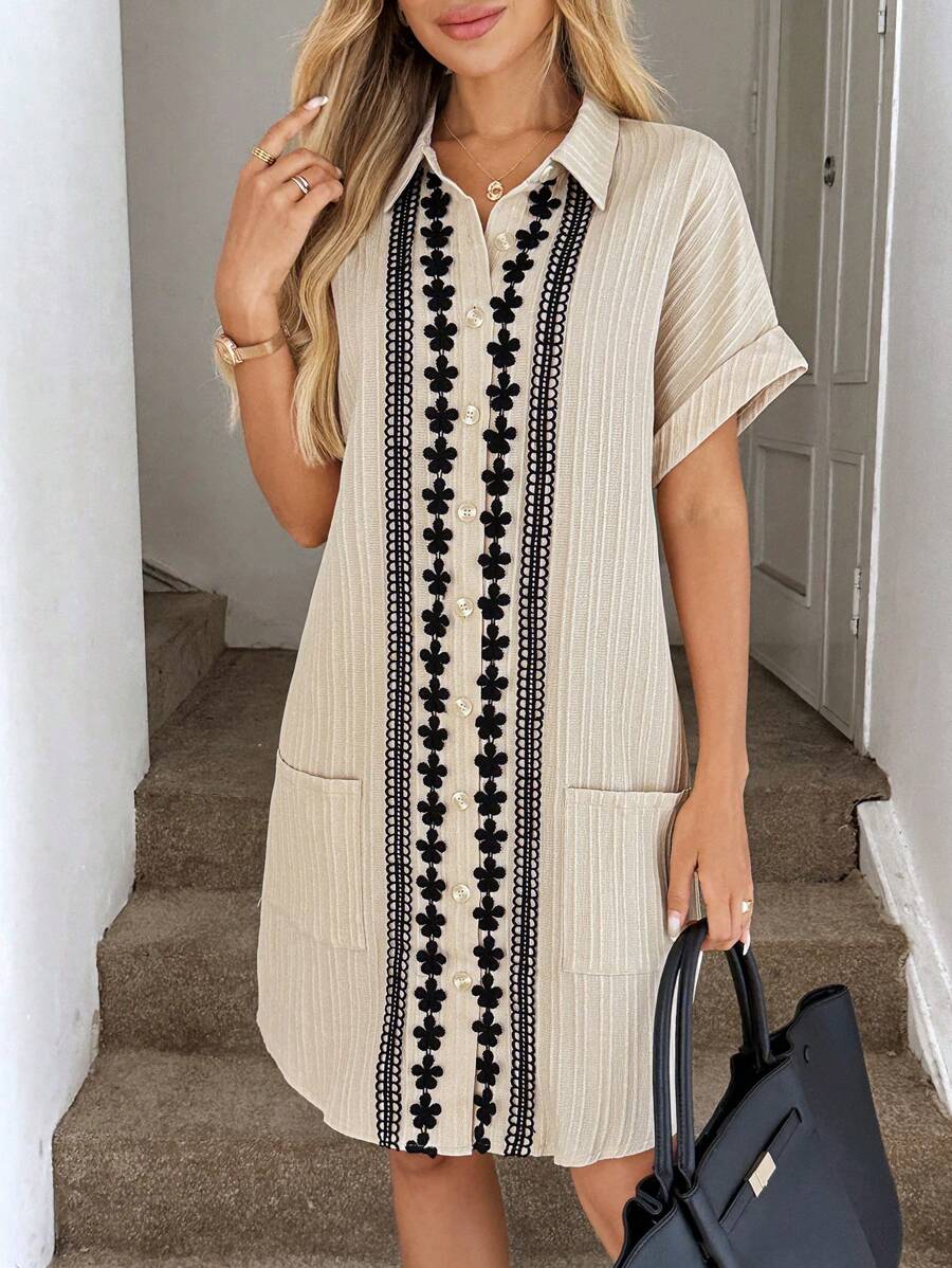 Easowa 波西米亚风夏季海滩度假刺绣贴布宽松衬衫连衣裙 - 卡其色 - 查看 1