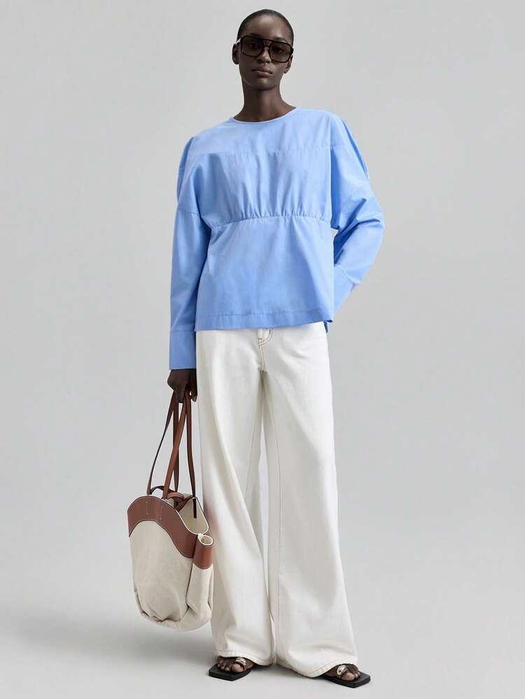 2025 Autumn Solid Color Round Neck Casual Long Sleeve Shirt, Suitable For Holiday, Beach, Party, All-Match, Festival, Social, Women's Party, Versatile, Daily Commute, Music Festival, Business Casual, Office, School Wear