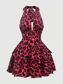 Sweetra Plus Size Women Leopard Print Drawstring Waist Short Dress - Red - View 1