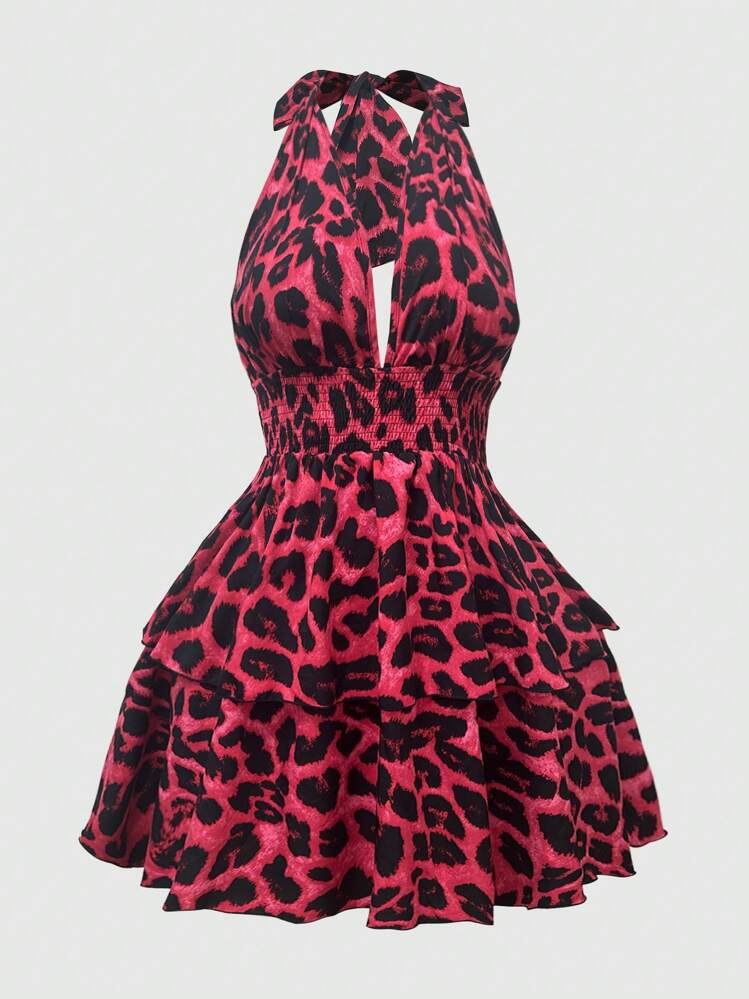 Sweetra Vestido corto con estampado de leopardo y cordón en la cintura para mujer de talla grande - Rojo - Añade 1