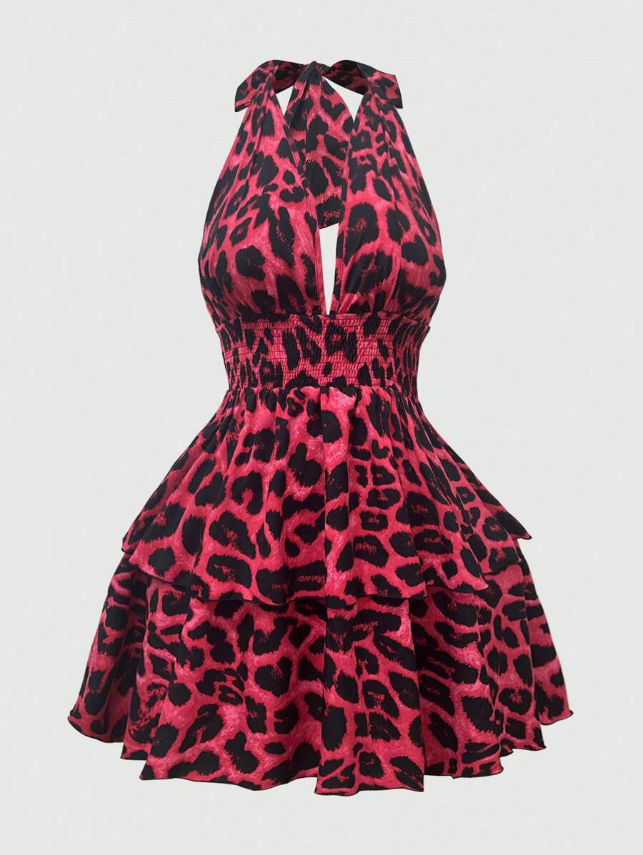 Sweetra Plus Size Women Leopard Print Drawstring Waist Short Dress - Red - View 1