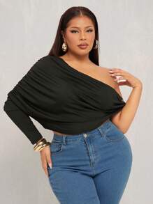 SHEIN X Phaith Montoya SHEIN SXY Blusa de hombros descubiertos elegante y sexy para mujer de talla grande, apta para uso diario - Negro - Ver 5