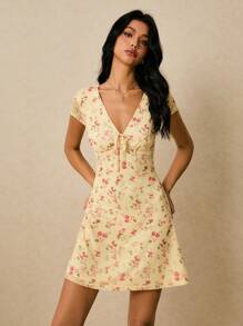 Poéselle Vestido casual corto de mujer con estampado floral, cuello en V y mangas cortas para el verano