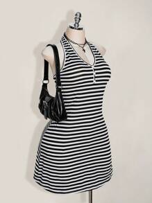 SHEIN ICON 大码黑白条纹 V 领露背修身连衣裙 - 黑與白 - 查看 4