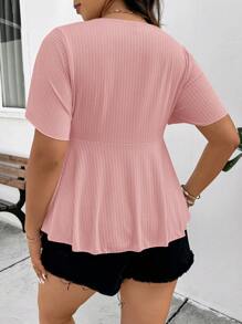 SHEIN Frenchy Top/Camiseta de manga corta con volantes en el bajo, de estilo bohemio/boho, en unicolor, para mujer de talla grande - Rosa Pálido - Ver 2