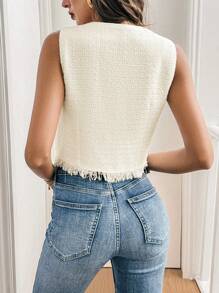 SHEIN Frenchy 女式圓領無袖上衣，前部鈕扣和假袋設計，輕鬆日常穿著 - 米色 - 查看 2