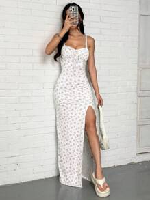 SHEIN EZwear 女士度假粉色花卉侧开衩下摆细肩带连衣裙 - 粉色 - 查看 3