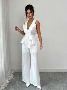 Elenzga Solid Color Sleeveless Top And Straight Leg Pants Suit Set - White - View 4