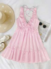 Arcane Artistry Women's Ruffle Strap Mini Dress, Pale Yellow Casual Minimalist Style, Suitable For Summer Vacation - Baby Pink - View 3