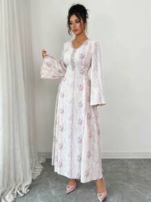 Yasmyna 女士紫色扎染印花拼接缎带领系带A字长袖阿拉伯连衣裙 - 紫色 - 查看 5