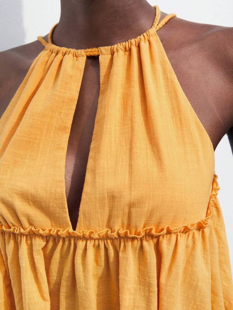 SHEIN Maija Countryside Halter Neck Sleeveless Top, Patchwork Design, Frill Trim, Cutout Detail,For Ladies Summer Wear