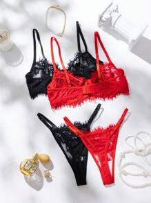 AltCore 4pcs Women's Solid Color Sheer Lace Spaghetti Strap Sexy Lingerie Set - Multicolor - View 2