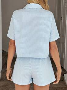 Easowa Set de 2 piezas de top de camisa y shorts de lino a rayas para mujeres, conjunto informal de vacaciones en la playa, brunch, conjuntos de salón para vacaciones tropicales, ropa de mujer para vacaciones de verano europeas, conjunto de dos piezas