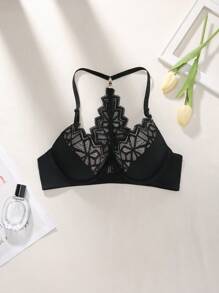 SHEIN 1 件女士对比色蕾丝工字背前扣带钢圈文胸 - 黑色 - 查看 6