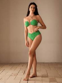 Anewsta Spiral Metal Accent Asymmetrical Bandeau Bikini Set For Summer Beach Vacation - Green - View 4