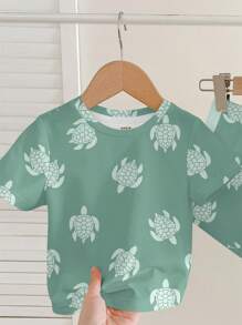 2pcs Young Boy Casual Cute Cartoon Turtle Graphic Round Neck Short Sleeve T-Shirt And Shorts Outfit, Fashionable Summer Set