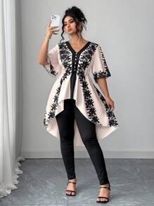 Elenzga Bộ đồ vest nữ cỡ lớn cổ chữ V tay ngắn cài nút phía trước in họa tiết & quần cạp cao co giãn, thanh lịch và chuyên nghiệp, mùa xuân/hè - màu đen - Xem 8
