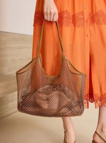 MOTF PREMIUM PU皮革饰边渔网托特包 - 棕色 - 查看 1