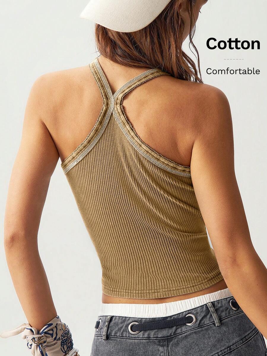 Bohemela Casual Solid Color Knit Slim Fit Women Tank Top - Khaki - View 1