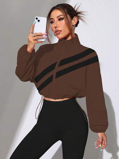 Easithlete Spring/Autumn Color Block Full Zip Up Drawstring Hem Sports Jacket Brown Crop Top Brown Athletic Top Brown Workout Top Brown Jacket Women Brown Top