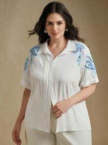 Anewsta Plus Size Women Elegant Commuter Linen Woven Hollow Embroidered Striped Turndown Collar Short Sleeve Blouse - White - View 6