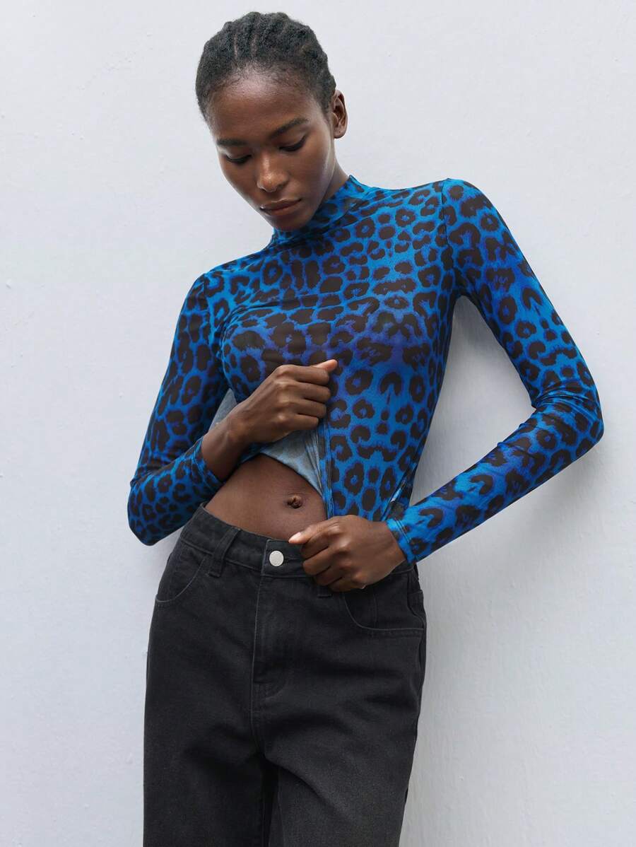 Maija Leopard Print Mesh Top Without Bra,Autumn Outfits For Women, Christmas Women's Clothing - Blue - View 1