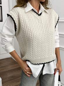 EURMUSE Women Contrast Hem Detailed V-Neck Cable Knit Pattern Knit Vest - Beige - View 8