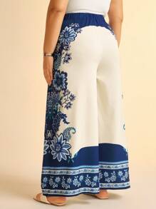 CAJUNI Plus Size Women Boho Vintage Blue Tropical Floral Print Straight Leg Casual Pants - Multicolor - View 2